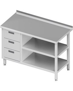 Stół nierdzewny przyścienny z blokiem 3 szuflad (L) i dwiema półkami