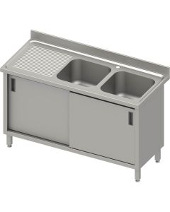 Stół nierdzewny ze zlewem dwukomorowym (P) i szafką drzwi przesuwne - spawany