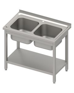 Stół stalowy z półką ze zlewem 2-komorowym, skręcany, blat tłoczony, 1000x600x850 mm