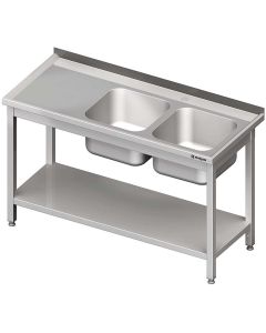 Stół stalowy z półką ze zlewem 2-komorowym prawym, skręcany, blat tłoczony, 1200x600x850 mm
