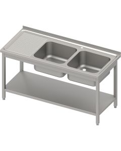 Stół stalowy z półką ze zlewem 2-komorowym prawym, skręcany, blat tłoczony, 1400x600x850 mm