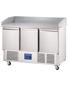 Stół chłodniczy 3-drzwiowy do pizzy bez nadstawki na kółkach 368 l