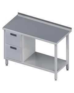 Stół nierdzewny przyścienny z blokiem 2 szuflad (L) i półką